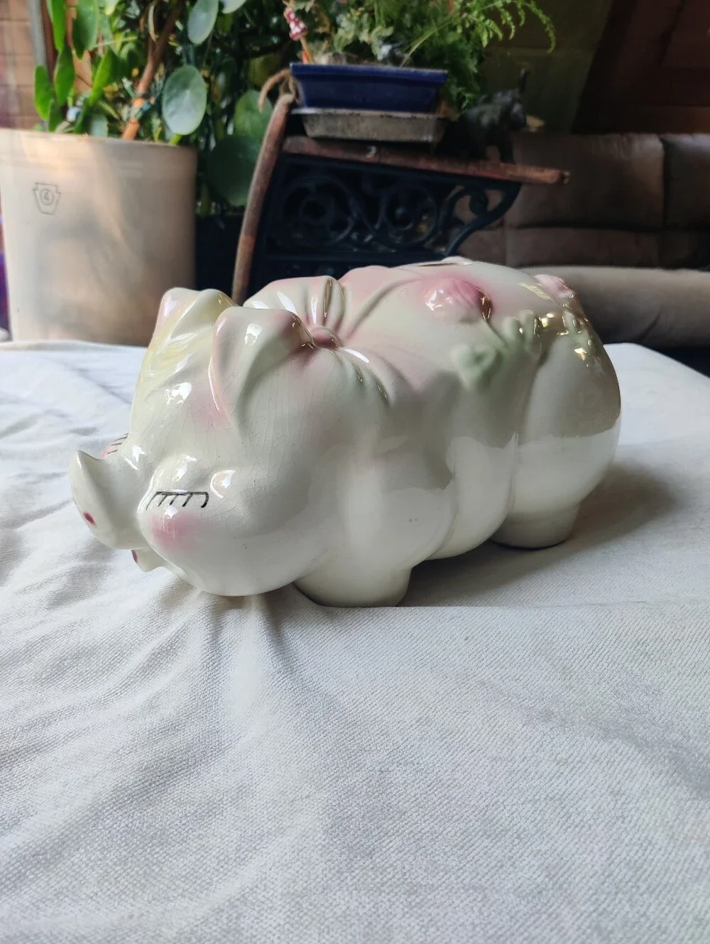 50s Large Piggy Bank Smiley Eyelashes Ribbon Lucky Shamrocks Clover Kitsch 7x13